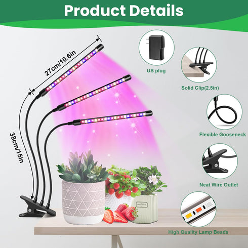 2PCS 3 120 3 6/12/16H 5 Dimmable Garpsen Led Grow Light, Heads Full Spectrum Clip Plant Light for Indoor Plants, LEDs