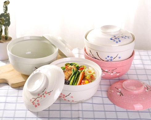 WHJY Japanese Creative Hand-painted Ceramic Tableware with Lid for Soup and Noodles, Heat Preservation Function, Blue