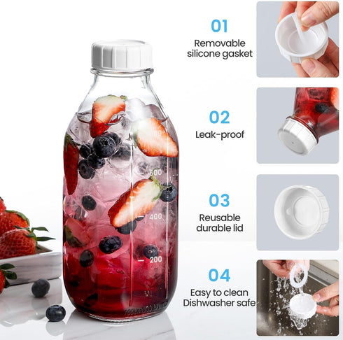 2 Pack 32 OZ 2 2 2 Glass Milk Bottles with Pour Spout Lids & Nut Milk Bags & Airtight Caps, Reusable Glass Bottles