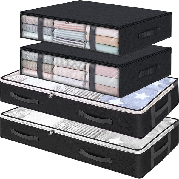 Under Bed Storage Containers, 4-Pack Large Bags Organizer with Clear Window and Handles for Bedding, Clothes, Black