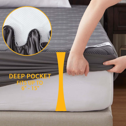 Full Size Waterproof Mattress Protector, 40% Rayon Derived from Bamboo Grey Cover, 3D Air Fabric with Deep Pocket 6"-15"