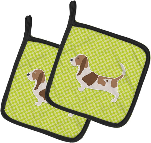Caroline's Treasures BB3802PTHD Basset Hound Checkerboard Green Pair of Pot Holders, 7 1/2 x 7 1/2