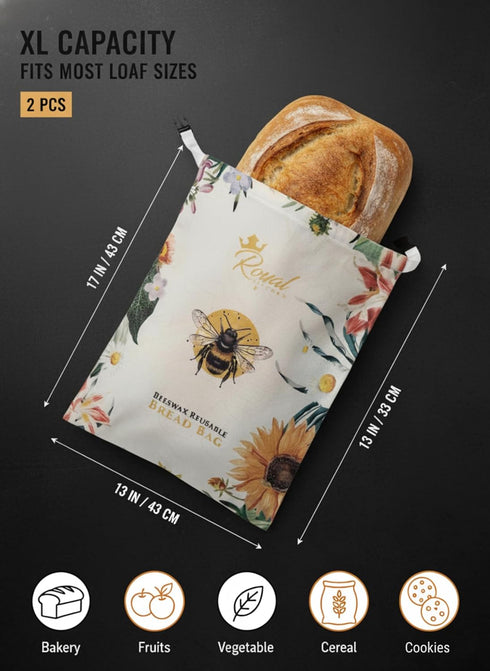 2 Pack 2 Reusable Beeswax Breads Bag | Organic Sourdough bread bags for homemade bread | Fridge and Freezer friendly