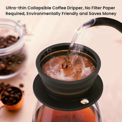 Paperless Collapsible Pour Over Coffee Dripper, Travel Pour Over Coffee Maker Camping with Reusable Metal Filter, Silicone Collapsible coffee filter, Single Cup Coffee Strainer Pour Over Black