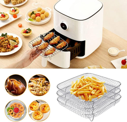Square Air Fryer Rack, 3 Layer Stainless Steel Stackable Dehydrator Rack with Anti-Scalding Clip, Air Fryer Accessories