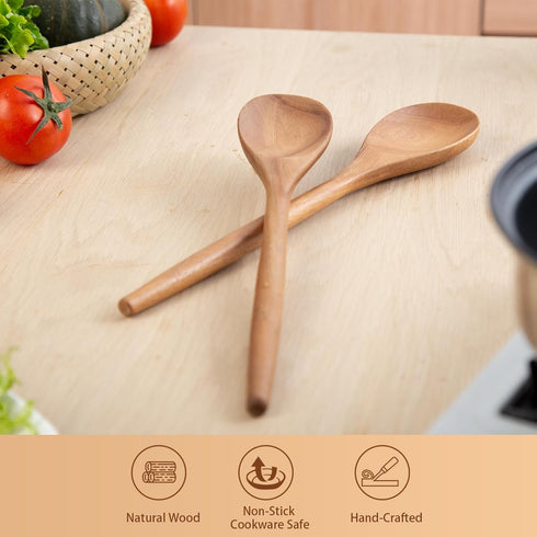 Wooden Kitchen Utensils Set, 14 Inch Comfort Grip Acacia Wood Spoons for Cooking, 2 Spoons, Non-Stick Safe