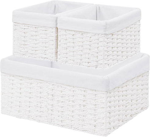 Vagusicc Set of 3 Wicker Storage Baskets, Hand-woven Decorative Rectangle Bins with Handles for Organizing, White