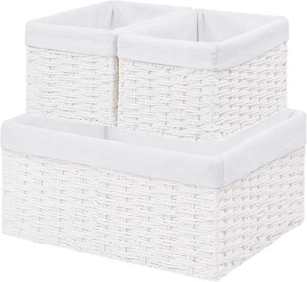 Vagusicc Set of 3 Wicker Storage Baskets, Hand-woven Decorative Rectangle Bins with Handles for Organizing, White