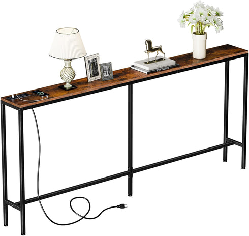 70.8" Console Table with Power Outlet, Wood Narrow Sofa Platform with Charging