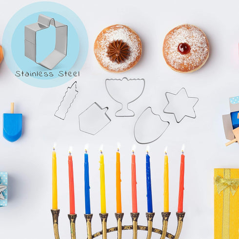 The Dreidel Company Stainless Steel Hanukkah Cookie Cutters, 5 Shapes: Menorah, Dreidel, Star, Maccabee Shield