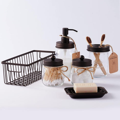 SheeChung 6Pcs Bathroom Accessories Set - Mason Jars, Toothbrush Holder, Soap Dispenser, Rustic Decor