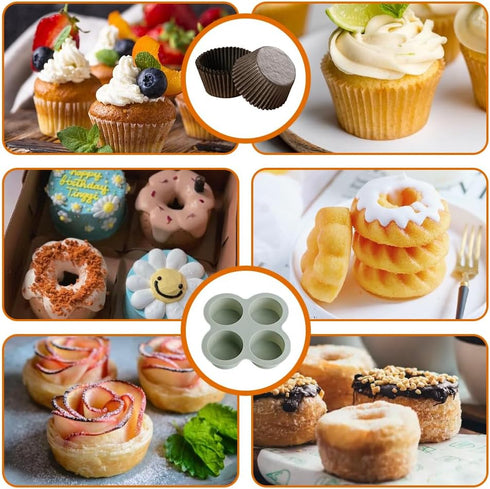 2 Pcs Silicone Muffin Pans for Baking, Non-Stick Food-Grade Air Fryer Liners with 16 Disposable Paper Coated Cups