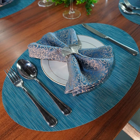 Red-A Imitation Bamboo Oval Woven Vinyl Placemats, Heat Resistant Washable Table Mats for Kitchen Table Set of 4, Blue