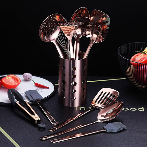 Copper Kitchen Utensils Set, 13 Pieces Stainless Steel Cooking Tools with Titanium Rose Gold Plating and Holder