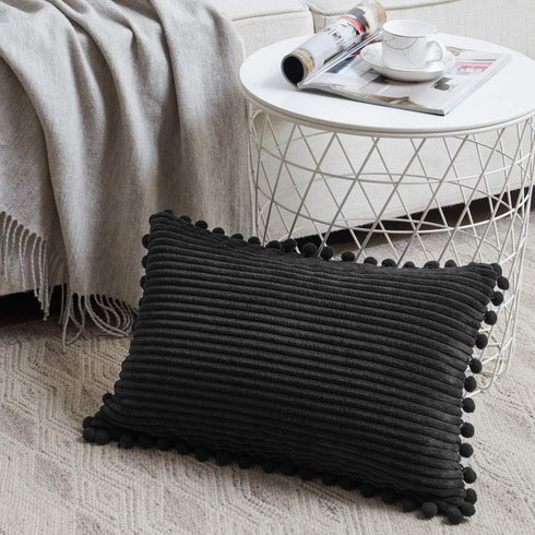 Fancy Homi Pack of 2 Black Lumbar Decorative Throw Pillow Covers with Pom-poms, Soft Corduroy Solid Rectangle Cushion