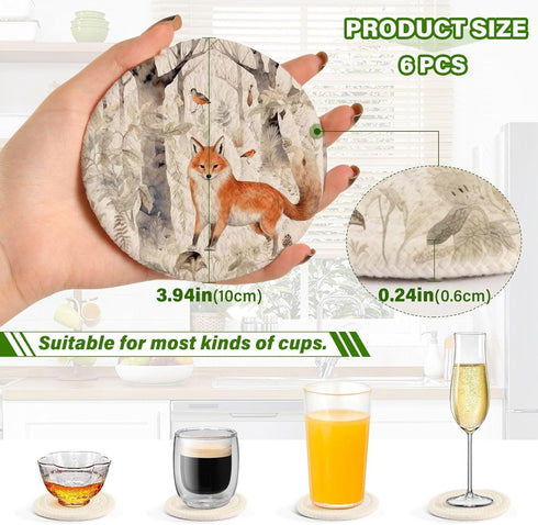 SDMKA 6 3.9 Inch Cute Forest Fox Pcs Cotton Woven Coasters with Holder - Absorbent Drink Coasters - Ideal for Coffee