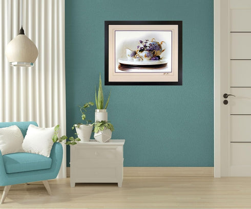 Country Wall Decor Art Print Poster, Violets Flowers & Kettle Tea Pot Still Life (16x20)