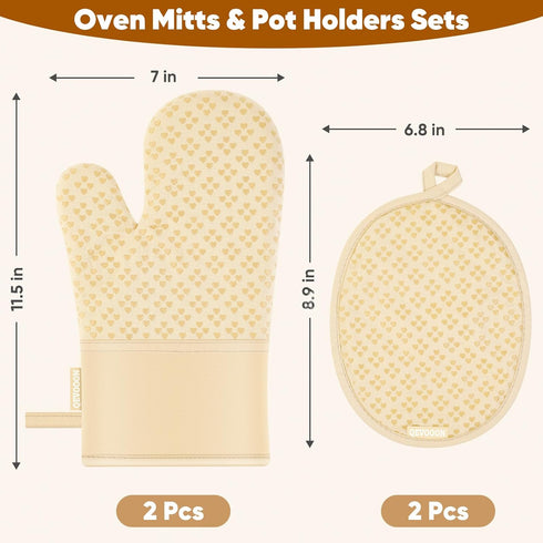 Oven Mitts and Pot Holders 4 Sets, Heat Resistant 500 ? Oven Mitt and Pot Holder, Oven Glove&Potholders with Non-Slip Silicone Surface,Kitchen Essentials for Cooking/Baking/BBQ-Beige by Qevooon