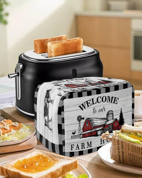 Welcome to Our Farm House 4 Slice Toaster Cover, Black and White Checkered, Large Kitchen Appliance Protection