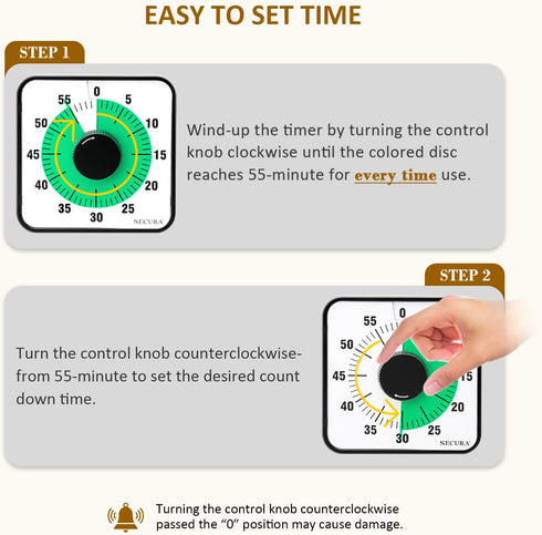 Secura 60-Minute Visual Countdown Timer, 7.5-Inch Oversize Mechanical Timer for Kids and Adults, Green