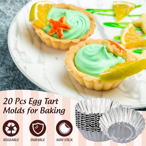 ISKYBOB 20 Pack Egg Tart Aluminum Cupcake Cake Cookie Mold Tin, Reusable Baking Tool (M)