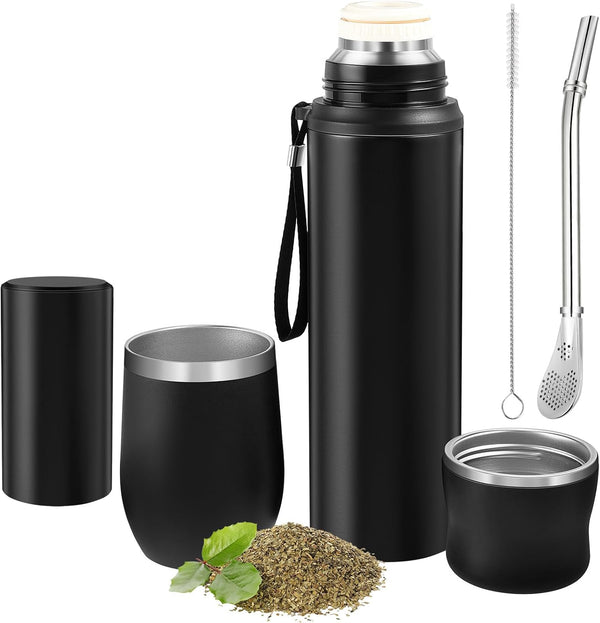 Suclain 3 Pieces Yerba Mate Kit, 12 oz Cup and 34 oz Stainless Steel Thermal Bottle Set, Black
