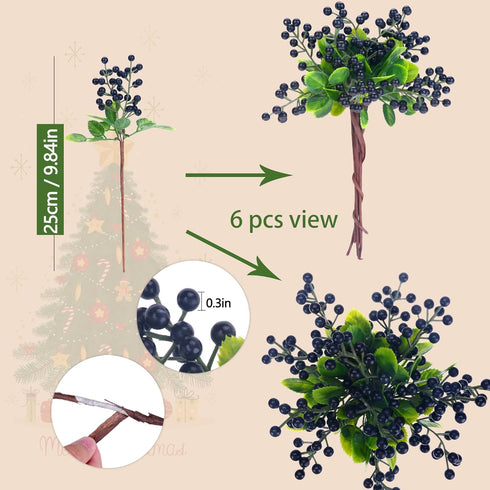 6 Pack Felice Arts Artificial Black Berry Stems Fake Holly Berries Halloween Picks for Xmas Tree Ornaments DIY Wreath