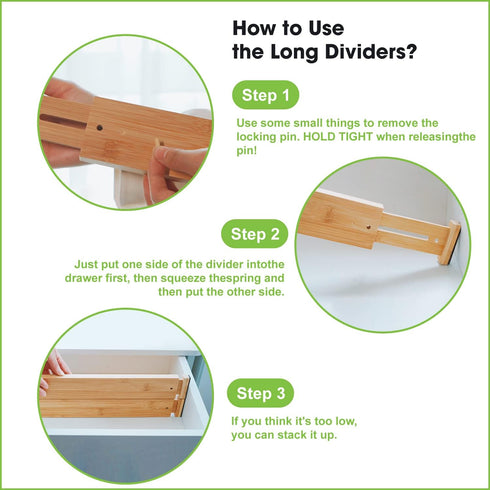 ANTOWIN Bamboo Drawer Dividers Organizers - Adjustable Spring-loaded Drawer Separators for Large Utensil, Clothes, Tools