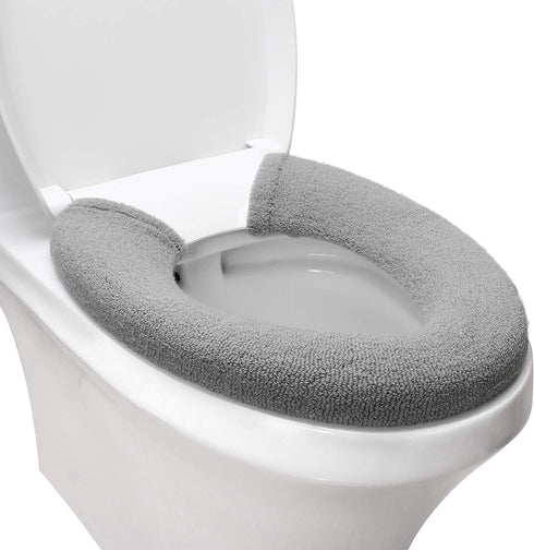 Toilet Seat Cover, Bathroom Soft Thicker Warmer with Snaps, Stretchable Washable Fiber Cloth Covers (Grey)