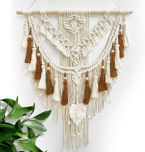 lokeisna Macrame Wall Hanging, Woven Tapestry Beige & Dusty Rose Handmade Craft