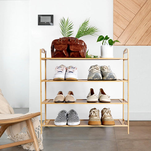 4 Closet (27.5" 9.25" 27.1") Tier Bamboo Shoe Rack, Free Standing Shoe Racks, Shoes Rack Organizer, Bamboo Wood Shoe
