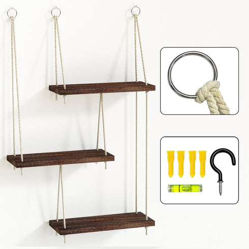 3 Fixwal Hanging Shelves for Wall, Tier Boho Wall Decor Hanging Plant Shelf Floating Shelves Rope Rustic Wood Organizer