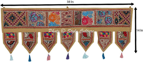 Indian Cotton Window Valance, Beige Ethnic Vintage Embroidered Patchwork Tassels Floral Scarf Curtain Topper