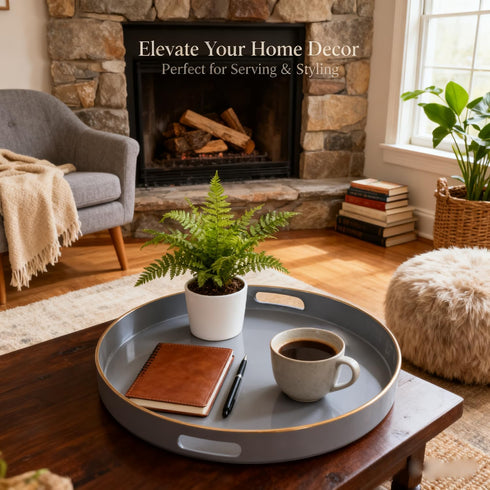13 Zosenley Decorative Tray, Round Plastic Tray with Handles, Modern Vanity Tray and Serving Tray for Ottoman, Coffee