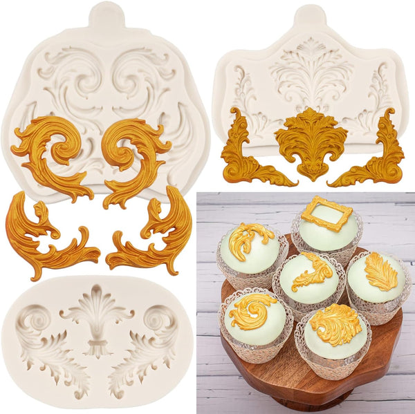 Baroque Fondant Molds, Scroll Border Lace Silicone Molds, Relief Flower Mold for Cake Decoration, Set of 3