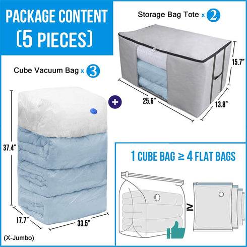 Cube Vacuum Storage Bags, Premium Totes with Cubic Compression Seal for Clothing, Bedding, Comforters, and More