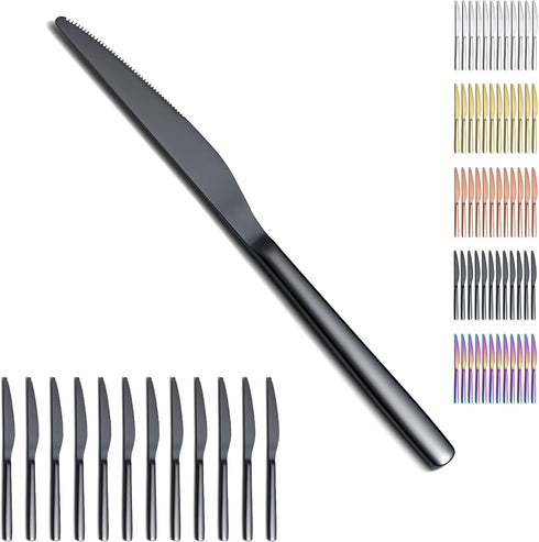 Black Dinner Knives Set, 12 Pieces, Titanium Plating Stainless Steel, Dishwasher Safe Cutlery Set