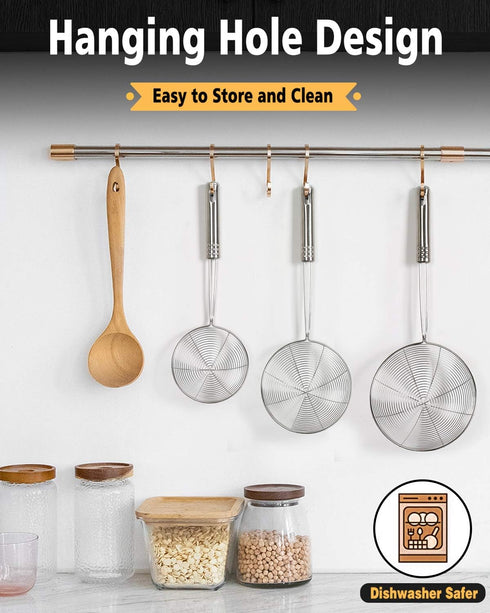 Enhanced Version Stainless Steel Spider Strainer Skimmer Ladle, Set of 3 Sizes for Cooking and Frying