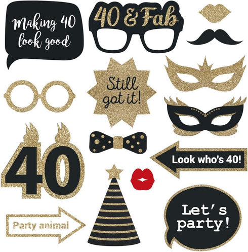 Fully Assembled 40th Birthday Photo Booth Props, Set of 30 - Black & Gold Selfie Signs for 40th Party Supplies