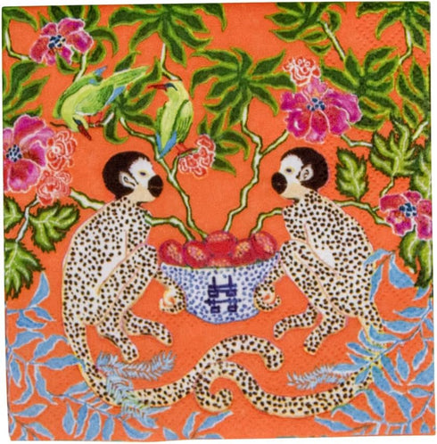 Caspari Monkeys Paper Cocktail Napkins - Two Packs of 20 in Orange
