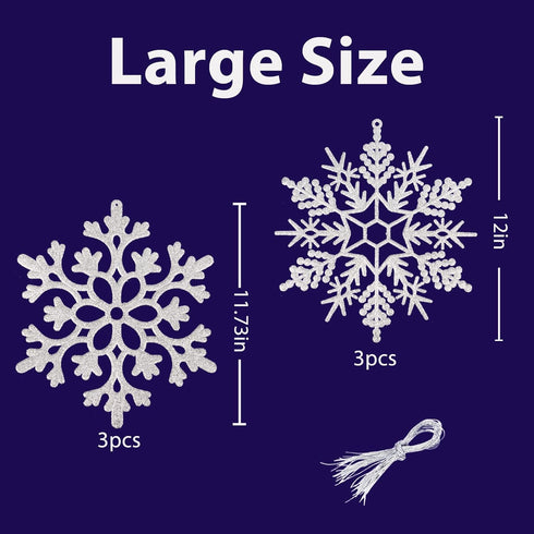 Silver Snowflake Ornaments, 6 Pack Large Plastic Christmas Decorations for Winter Wonderland Tree