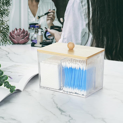 Wood Lid Qtip Holder - Clear Bathroom Cotton Ball Canister for Cotton Swabs, Dental Floss, Hair Bands for Vanity