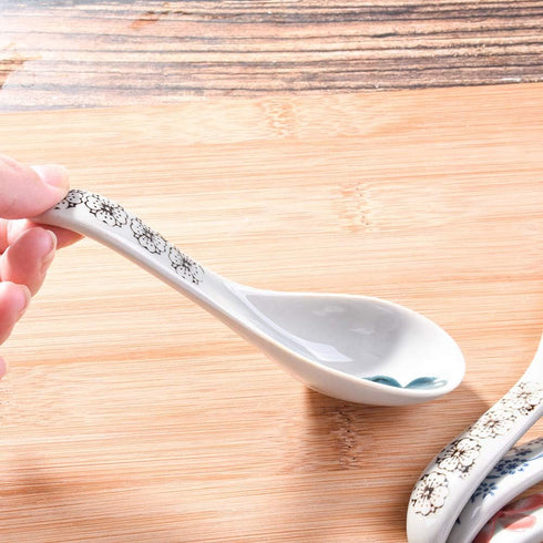 Japanese Soup Spoons Set of 4, Asian Ceramic Ramen Spoons