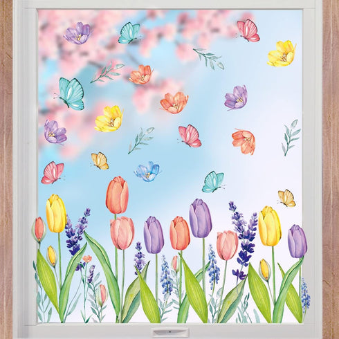 Horaldaily 67 PCS Spring Summer Window Cling Sticker, Tulip Butterfly Flower Decal for Home Party Decoration