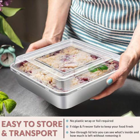 E-far Square Cake Pan Set with Lid, 6/8/9-Inch Stainless Steel Bakeware Set of 3, Easy Clean & Dishwasher Safe
