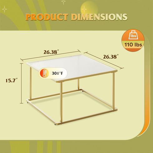 26.4 26.4in, WLIVE Glass Coffee Table, Small Modern Coffee Table for Living Room with Wave Textured Glass & Metal