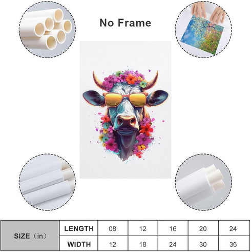 HHGaoArt Highland Cow Poster Wearing Sunglasses and Flowers Canvas Wall Art Animal Picture for Nursery Farmhouse Kitchen Room (16x24inch-Unframe,1-Hip Hop)