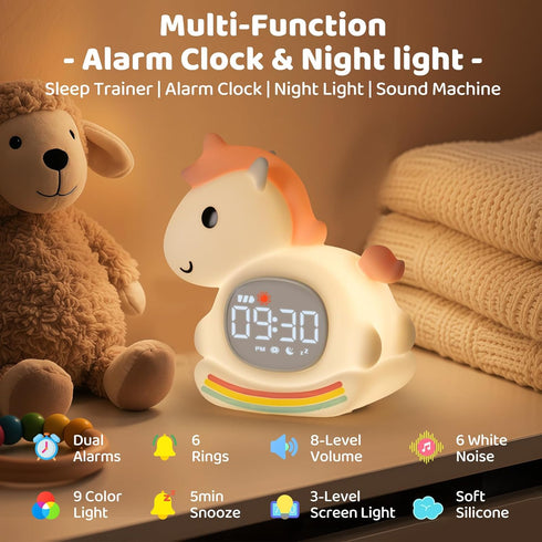 Alarm Clock with Night Light for Kids with Sleep Training and Sound Machine, Rechargeable Silicone Lamp OK to Wake