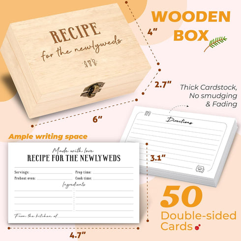 50 Pcs Recipe Cards for Bridal Shower - 4x6 Recipe Cards Box for Newlyweds, Wooden Recipe Box With Cards, Double-sided Blank Recipe Notecards for Wedding by STOFINITY
