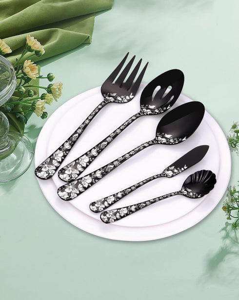 Stapava 5PCS Black Serving Utensils Set, Stainless Steel Flatware with Large Serving Spoon, Dishwasher Safe